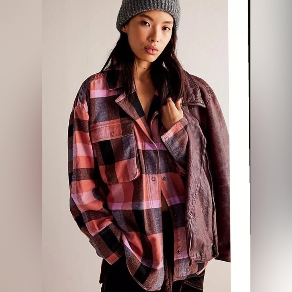 NWOT Free People Izzie Cargo Plaid Oversize Shirt Top, Red Pink, Smy
